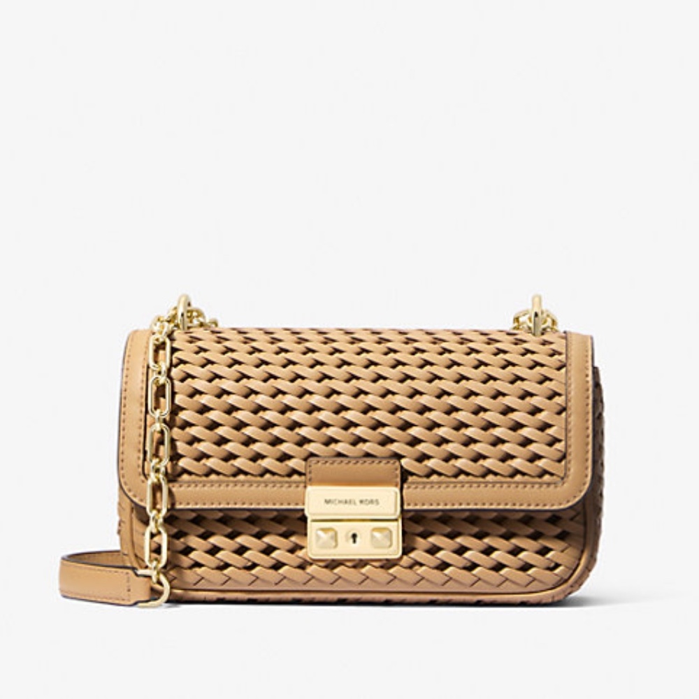 NEW! Michael Kors Tribeca Small Hand-Woven Leather Shoulder Bag Camel $398